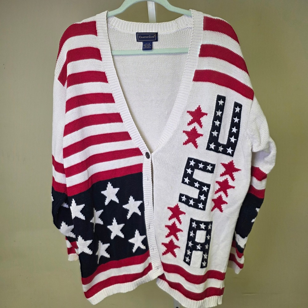 Charter Club Cardigan USA Flag Red White Blue Americana Women M Oversized